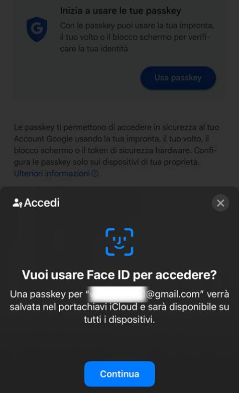 creazione passkey google con face id